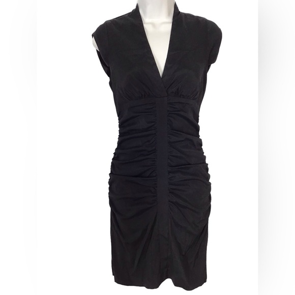 Cache Black Ruched V Neck Short Sleeve Dress Size 2 - Picture 1 of 6
